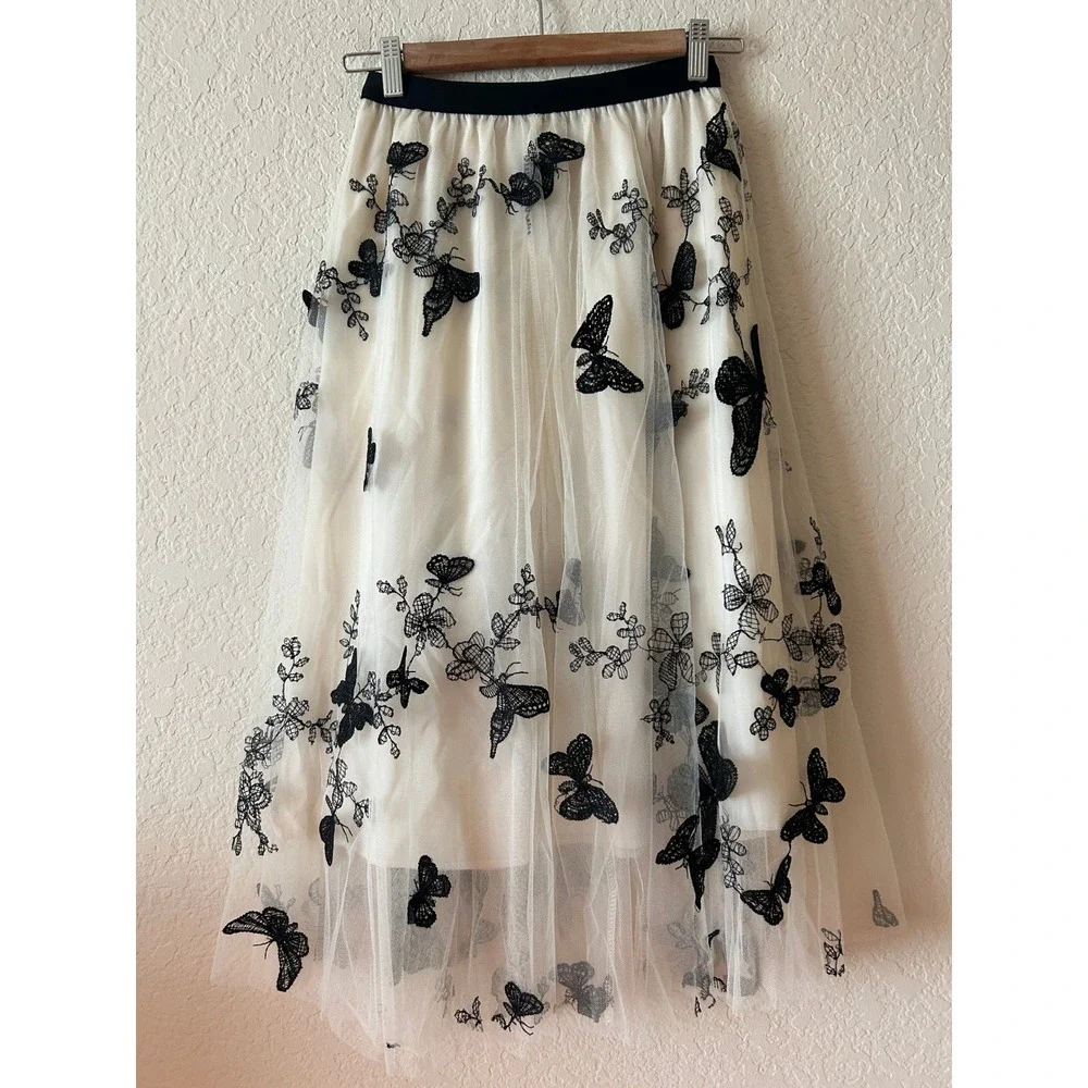 Tulle Midi Skirt Sz S White Black Butterfly Embroidered Mesh Fairy Y2K Ethereal